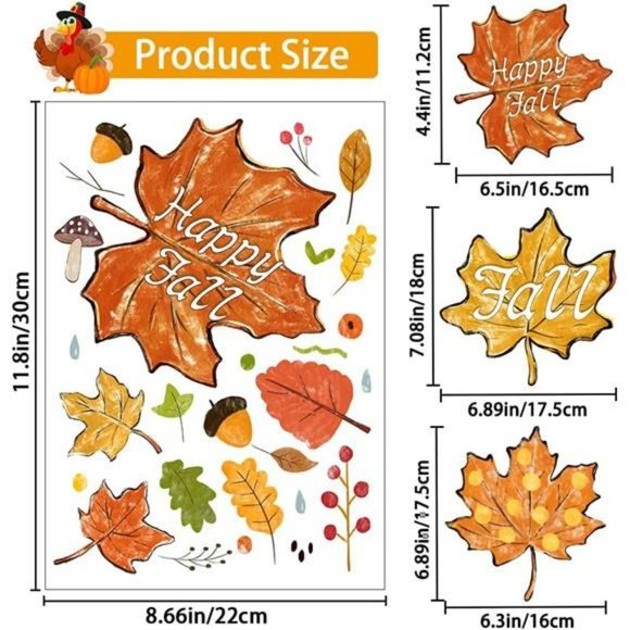 8 Sheets Thanksgiving Fall Window Clings, Maple Leaves Pine Cones Oil Painting - Picture 3 of 7